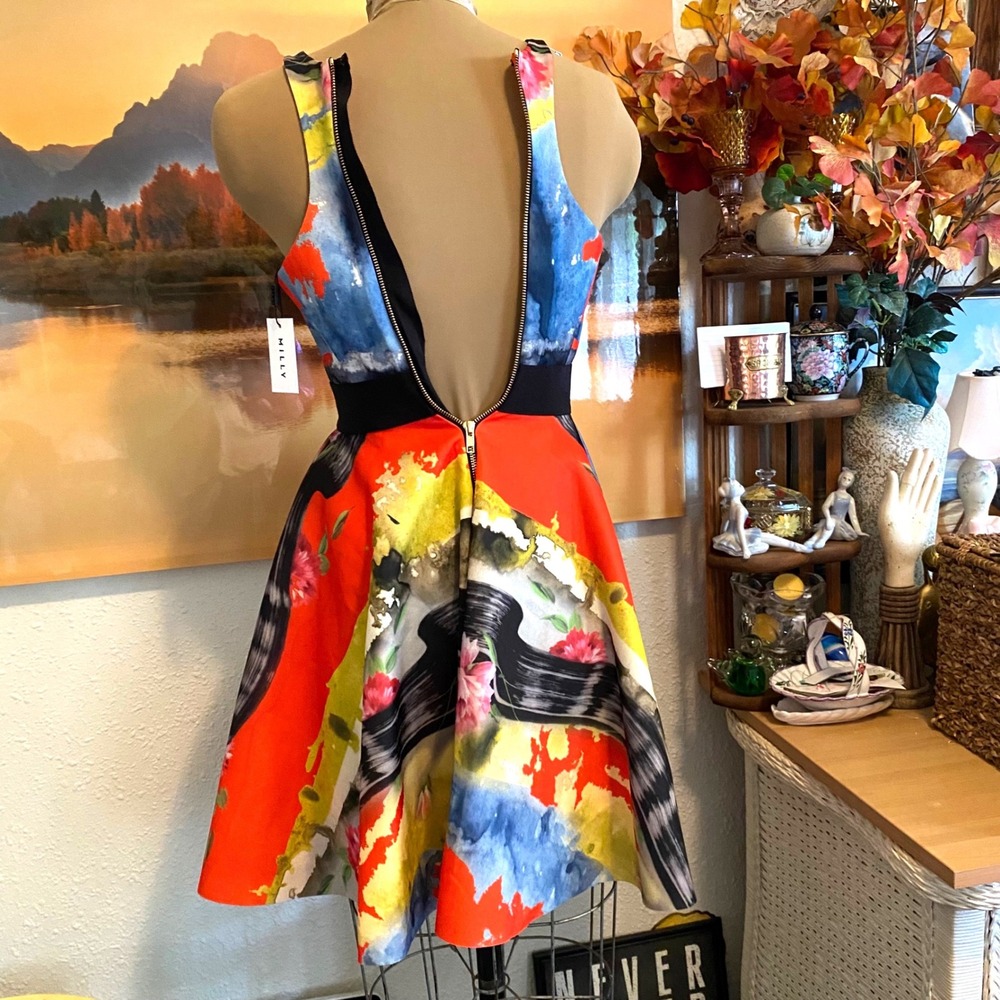 New Milly Scoopneck Circle Dress Art To Wear Abstract Floral Womens 0 Multi - Picture 4 of 10